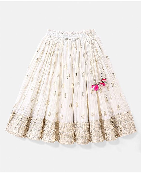 Babyhug Half Sleeves Brocade Choli & Pleated Foil Print Lehenga With Dupatta Set - Off White & Pink