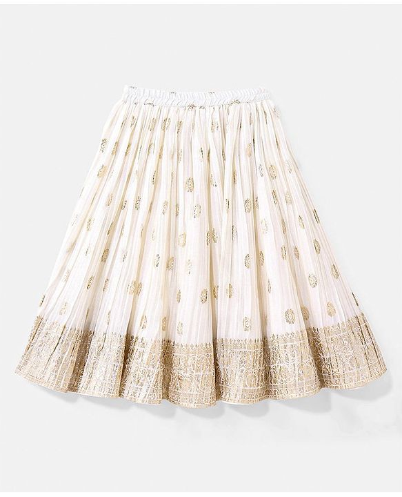 Babyhug Half Sleeves Brocade Choli & Pleated Foil Print Lehenga With Dupatta Set - Off White & Pink
