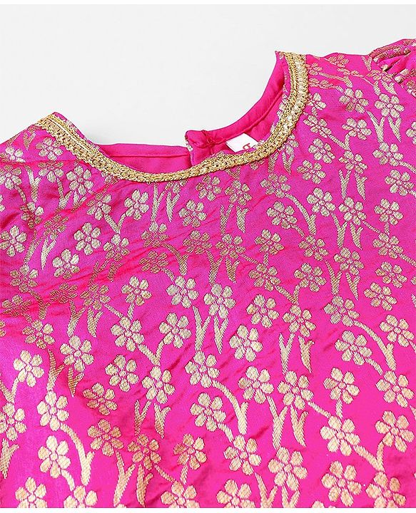 Babyhug Half Sleeves Brocade Choli & Pleated Foil Print Lehenga With Dupatta Set - Off White & Pink