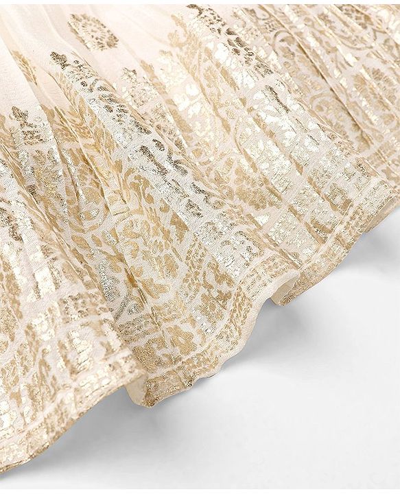 Babyhug Half Sleeves Brocade Choli & Pleated Foil Print Lehenga With Dupatta Set - Off White & Pink