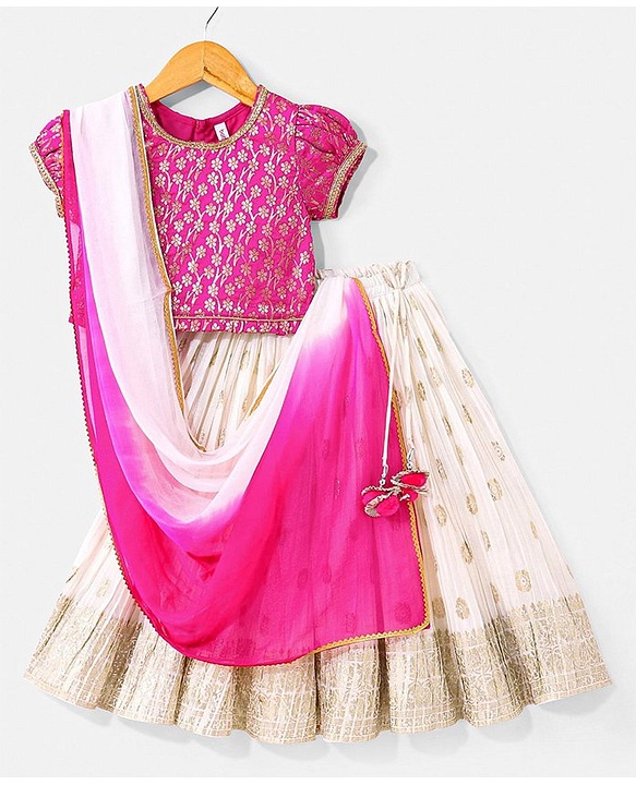Babyhug Half Sleeves Brocade Choli & Pleated Foil Print Lehenga With Dupatta Set - Off White & Pink