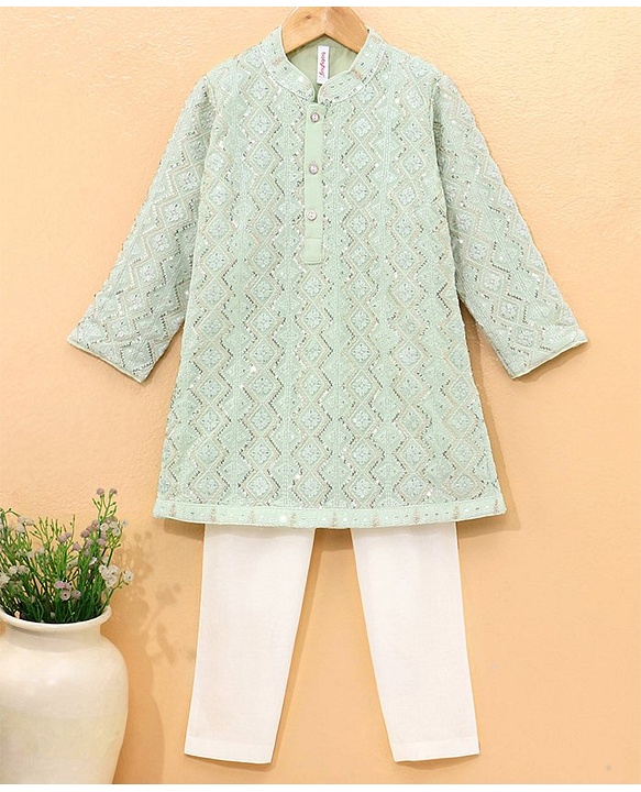 Babyhug Cotton Full Sleeves Georgette Embroidered Kurta With Solid Pyjama Set- Mint Gren
