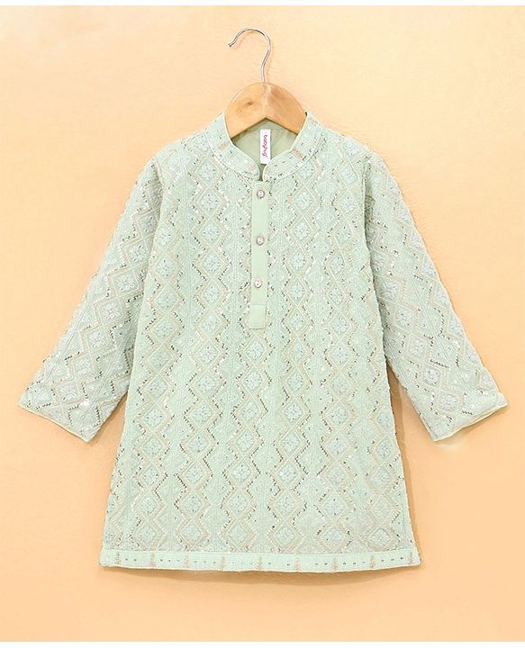 Babyhug Cotton Full Sleeves Georgette Embroidered Kurta With Solid Pyjama Set- Mint Gren