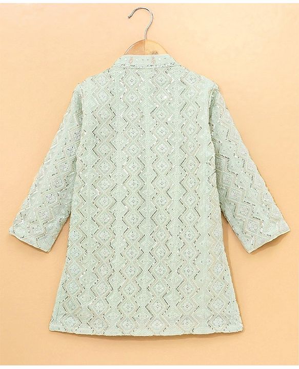 Babyhug Cotton Full Sleeves Georgette Embroidered Kurta With Solid Pyjama Set- Mint Gren