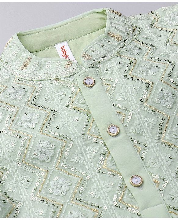 Babyhug Cotton Full Sleeves Georgette Embroidered Kurta With Solid Pyjama Set- Mint Gren