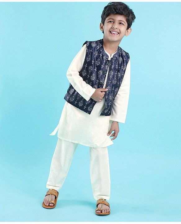 Babyhug Full Sleeves Dobby Solid Kurta and Pyjama Set with Printed Jacket - Cream