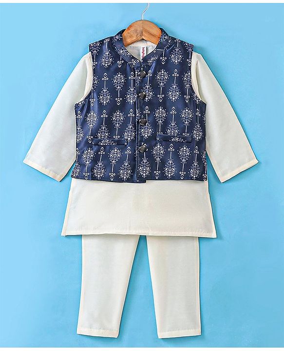 Babyhug Full Sleeves Dobby Solid Kurta and Pyjama Set with Printed Jacket - Cream
