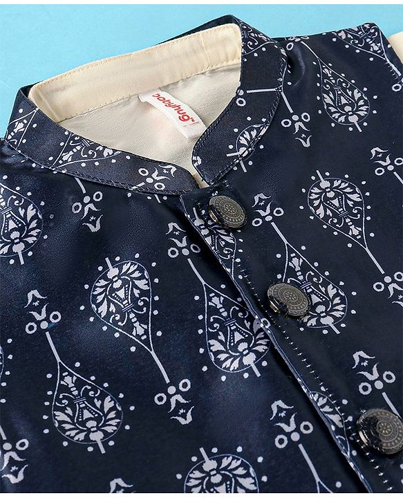 Babyhug Full Sleeves Dobby Solid Kurta and Pyjama Set with Printed Jacket - Cream