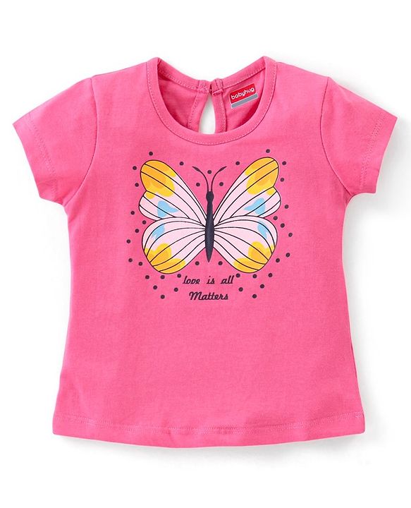 Babyhug 100% Cotton Knit Half Sleeves Butterfly Graphic T-Shirt - Pink