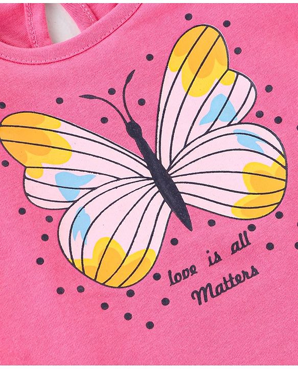 Babyhug 100% Cotton Knit Half Sleeves Butterfly Graphic T-Shirt - Pink