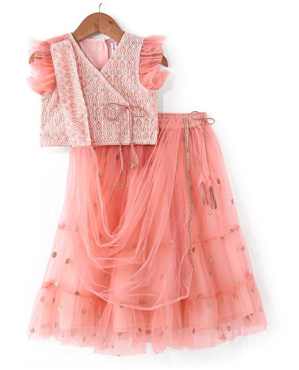 Babyhug Frill Sleeves Embroidered Overlap Choli With Net Lehenga  and Dupatta - Coral