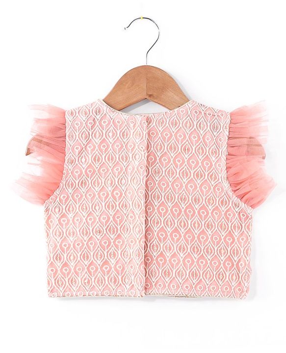 Babyhug Frill Sleeves Embroidered Overlap Choli With Net Lehenga  and Dupatta - Coral