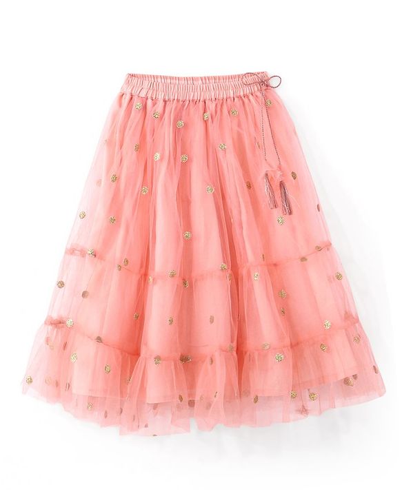Babyhug Frill Sleeves Embroidered Overlap Choli With Net Lehenga  and Dupatta - Coral