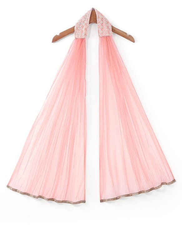 Babyhug Frill Sleeves Embroidered Overlap Choli With Net Lehenga  and Dupatta - Coral