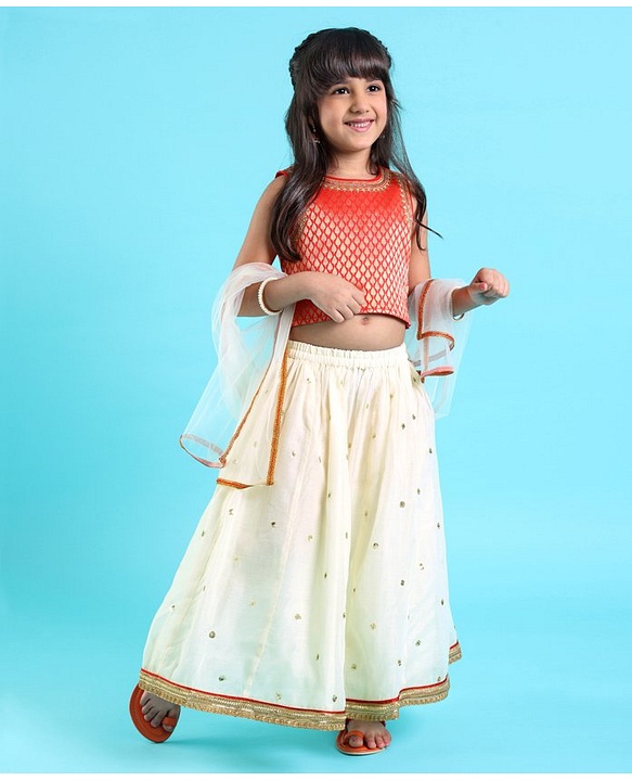 Babyhug Sleeveless Brocade Choli With Chanderi Butti Lehenga And Dupatta Set- Off White & Red