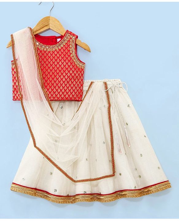 Babyhug Sleeveless Brocade Choli With Chanderi Butti Lehenga And Dupatta Set- Off White & Red
