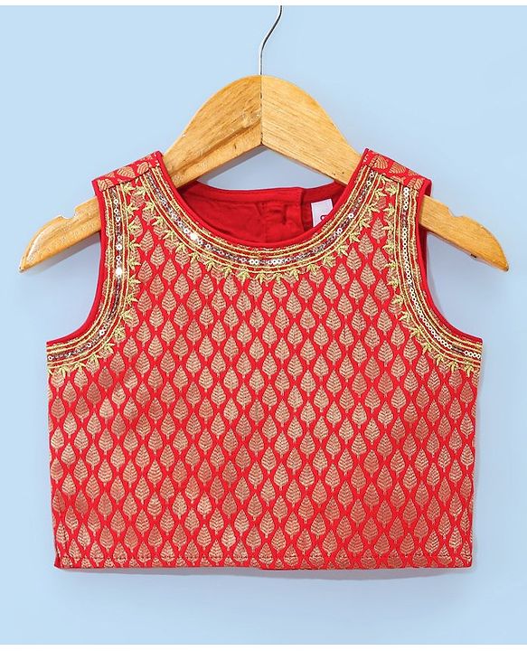 Babyhug Sleeveless Brocade Choli With Chanderi Butti Lehenga And Dupatta Set- Off White & Red