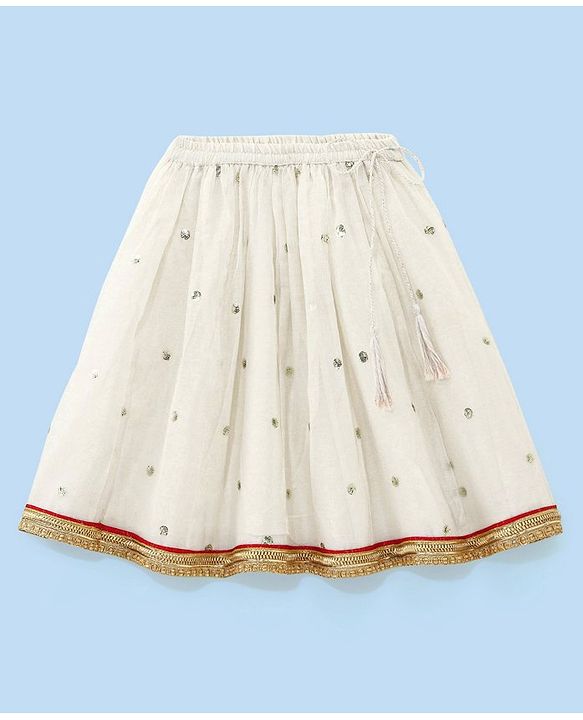 Babyhug Sleeveless Brocade Choli With Chanderi Butti Lehenga And Dupatta Set- Off White & Red