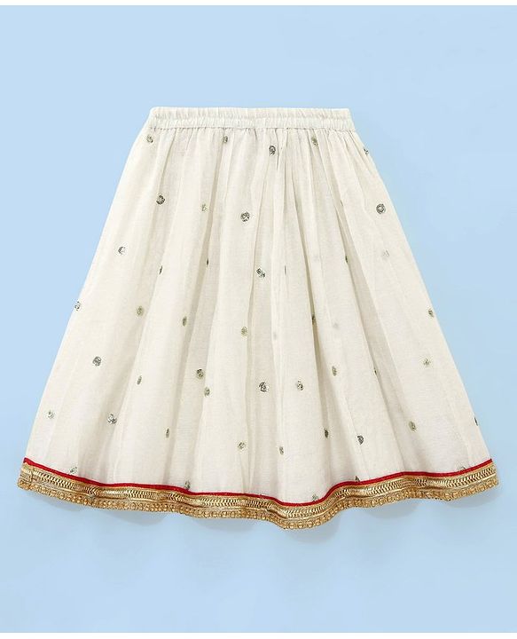 Babyhug Sleeveless Brocade Choli With Chanderi Butti Lehenga And Dupatta Set- Off White & Red