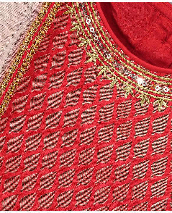 Babyhug Sleeveless Brocade Choli With Chanderi Butti Lehenga And Dupatta Set- Off White & Red