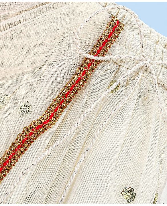 Babyhug Sleeveless Brocade Choli With Chanderi Butti Lehenga And Dupatta Set- Off White & Red