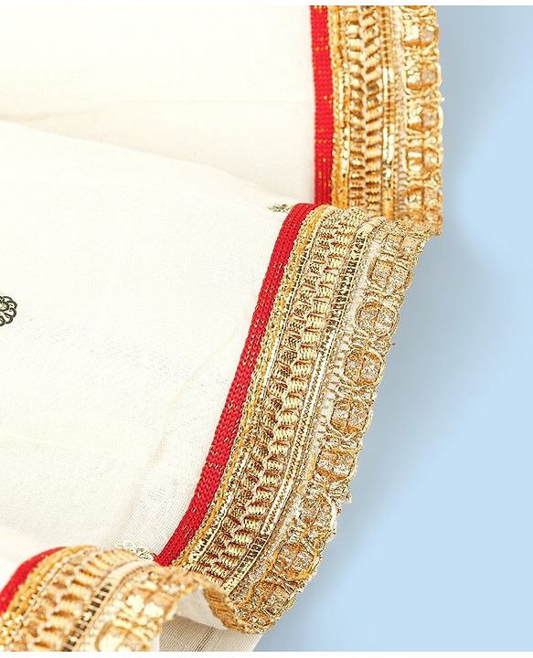 Babyhug Sleeveless Brocade Choli With Chanderi Butti Lehenga And Dupatta Set- Off White & Red