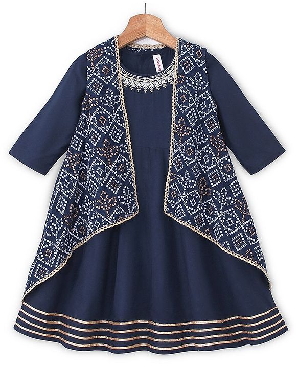 Babyhug Rayon Three Fourth Sleeves Embroidered   Ethnic Dress with Bandhani Print Jacket - Blue