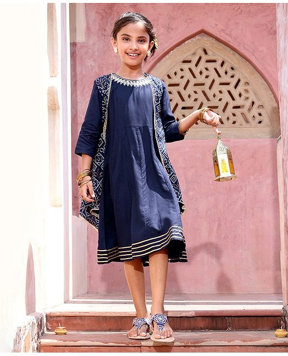 Babyhug Rayon Three Fourth Sleeves Embroidered   Ethnic Dress with Bandhani Print Jacket - Blue