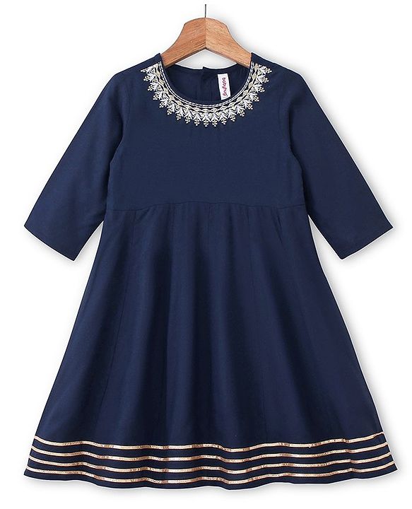 Babyhug Rayon Three Fourth Sleeves Embroidered   Ethnic Dress with Bandhani Print Jacket - Blue