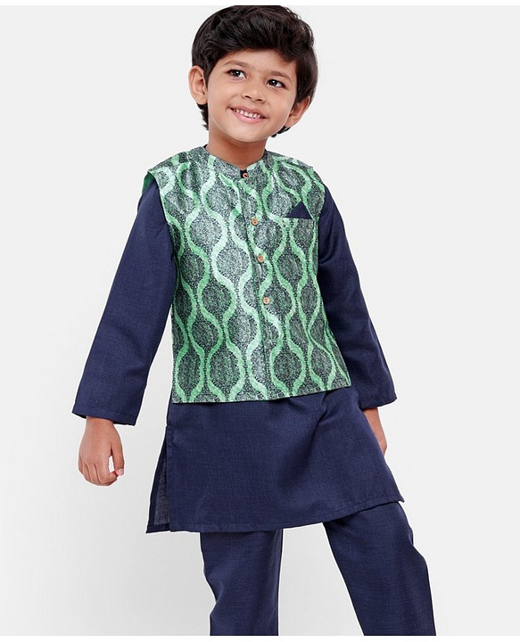 Babyhug Full Sleeves Solid Kurta and Pyjama Set with Printed Motif Print Jacket - Navy