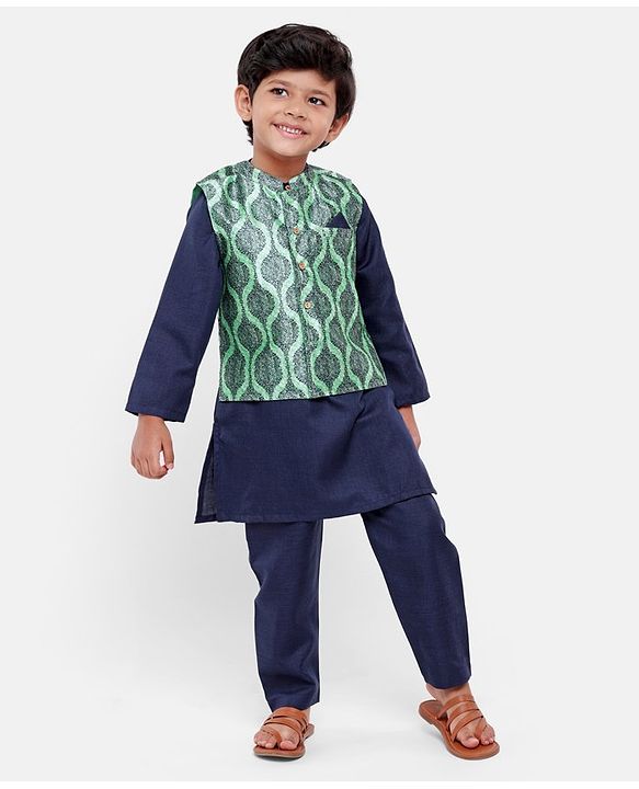 Babyhug Full Sleeves Solid Kurta and Pyjama Set with Printed Motif Print Jacket - Navy