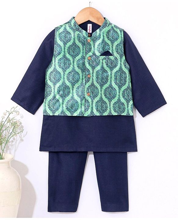 Babyhug Full Sleeves Solid Kurta and Pyjama Set with Printed Motif Print Jacket - Navy