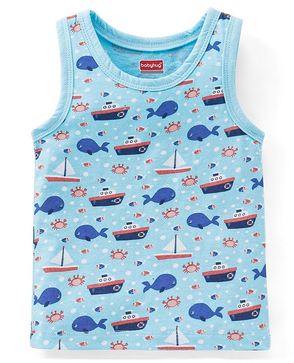 Babyhug 100 % Cotton Antibacterial Sleeveless Striped & Shark Printed Sando Pack of 5 - Red & Blue