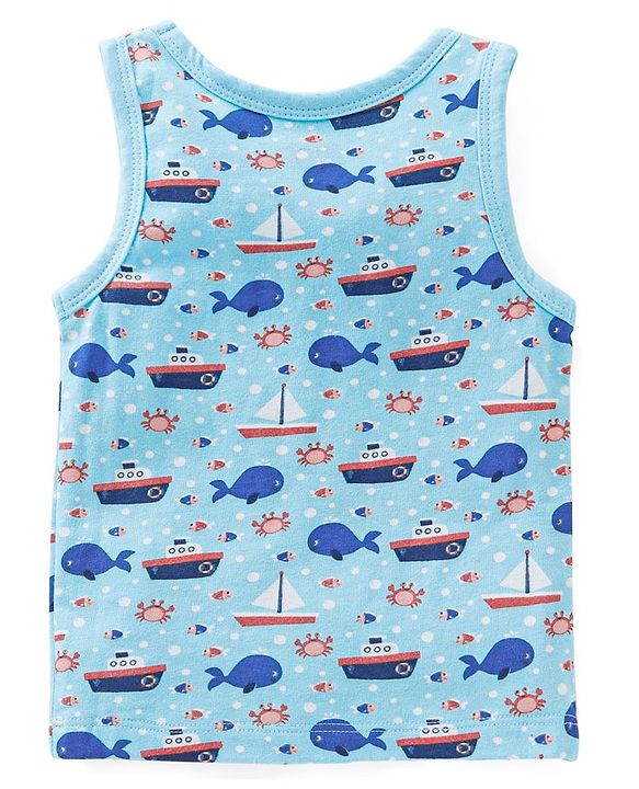 Babyhug 100 % Cotton Antibacterial Sleeveless Striped & Shark Printed Sando Pack of 5 - Red & Blue