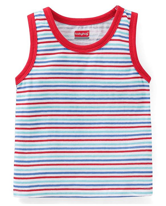 Babyhug 100 % Cotton Antibacterial Sleeveless Striped & Shark Printed Sando Pack of 5 - Red & Blue