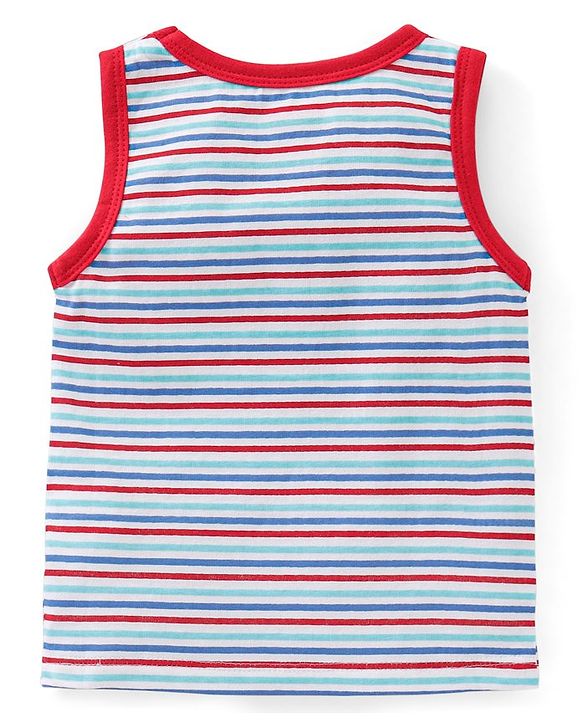 Babyhug 100 % Cotton Antibacterial Sleeveless Striped & Shark Printed Sando Pack of 5 - Red & Blue
