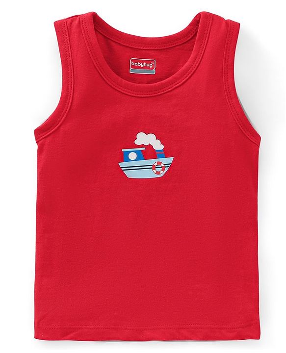 Babyhug 100 % Cotton Antibacterial Sleeveless Striped & Shark Printed Sando Pack of 5 - Red & Blue