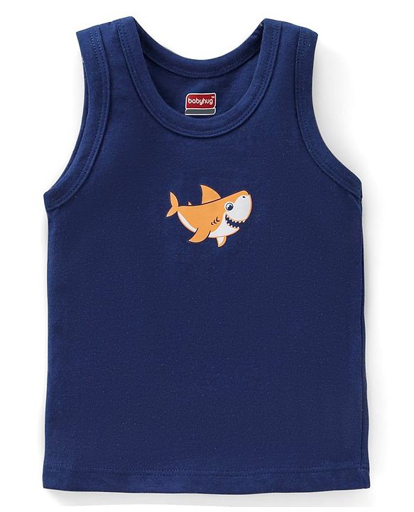 Babyhug 100 % Cotton Antibacterial Sleeveless Striped & Shark Printed Sando Pack of 5 - Red & Blue