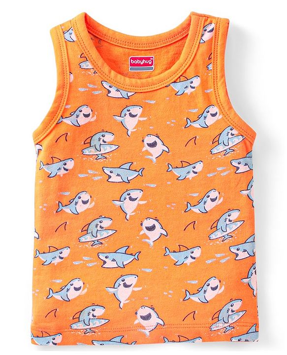 Babyhug 100 % Cotton Antibacterial Sleeveless Striped & Shark Printed Sando Pack of 5 - Blue & Orange