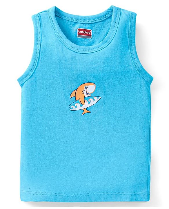 Babyhug 100 % Cotton Antibacterial Sleeveless Striped & Shark Printed Sando Pack of 5 - Blue & Orange