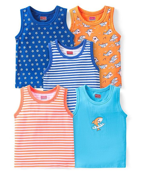 Babyhug 100 % Cotton Antibacterial Sleeveless Striped & Shark Printed Sando Pack of 5 - Blue & Orange