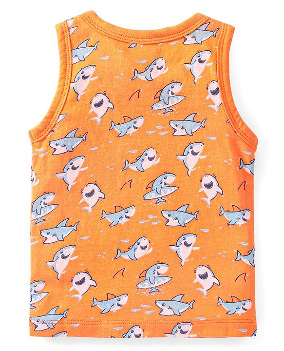 Babyhug 100 % Cotton Antibacterial Sleeveless Striped & Shark Printed Sando Pack of 5 - Blue & Orange
