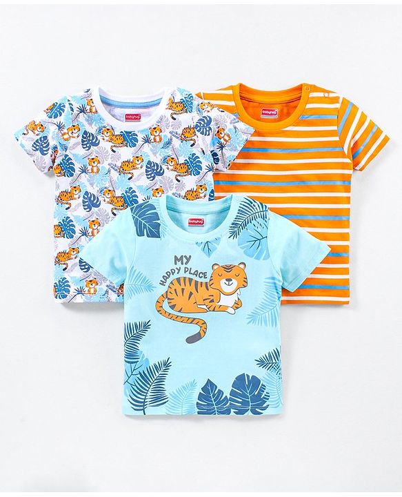 Babyhug Cotton Knit Half Sleeves T-Shirt Tiger Print Pack of 3 - Blue & Orange