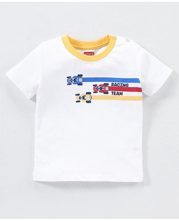 Babyhug Cotton Knit Half Sleeves Checks & Racing Cars Printed T-Shirts Pack of 3 -White & Yellow