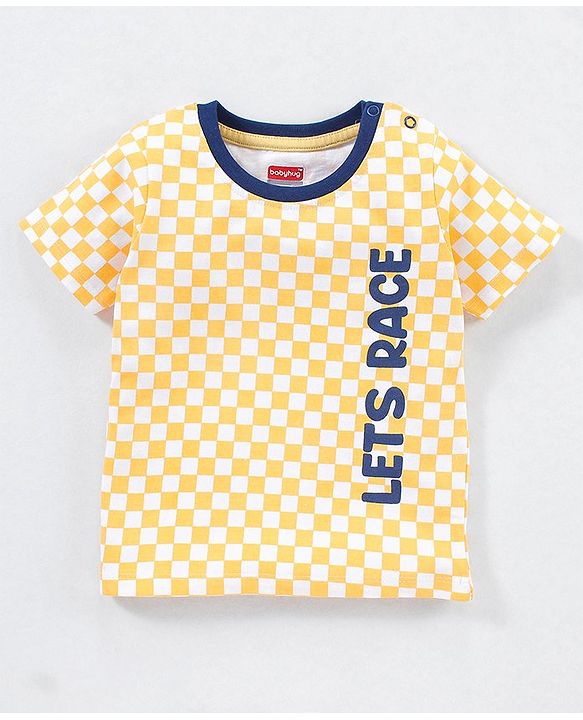 Babyhug Cotton Knit Half Sleeves Checks & Racing Cars Printed T-Shirts Pack of 3 -White & Yellow