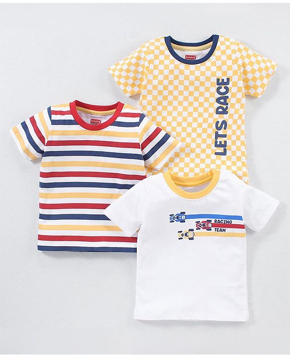 Babyhug Cotton Knit Half Sleeves Checks & Racing Cars Printed T-Shirts Pack of 3 -White & Yellow