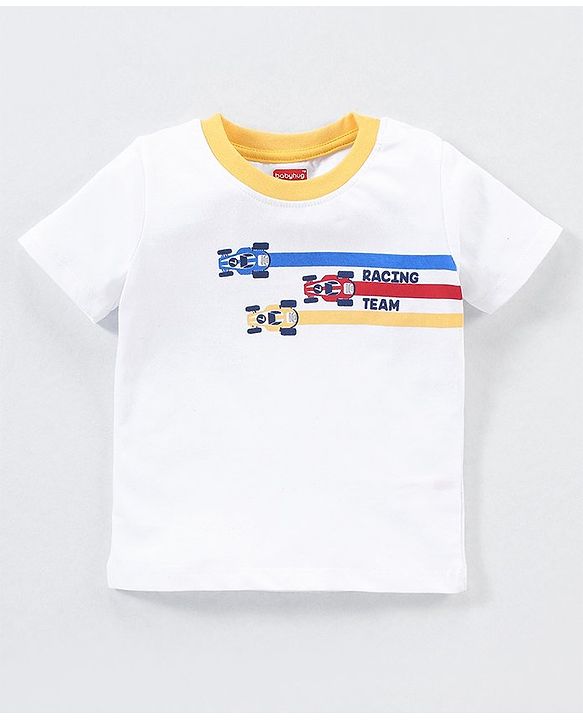 Babyhug Cotton Knit Half Sleeves Checks & Racing Cars Printed T-Shirts Pack of 3 -White & Yellow