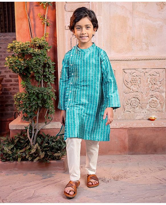 Babyhug Silk Full Sleeves Kurta & Pajama Set Digital Print - Light Blue