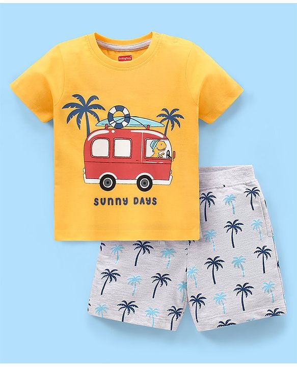 Babyhug 100% Cotton Half Sleeves Tee & Shorts Set Bus Print- Yellow & White