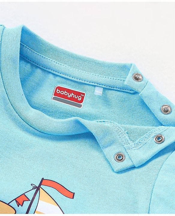 Babyhug Cotton Knit Half Sleeves T-Shirt & Shorts Set Boat Print - Navy Blue